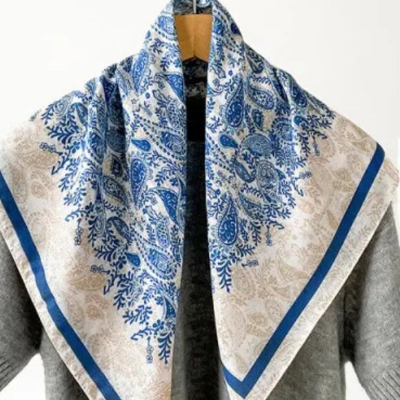 2/$30 Blue Beige Floral Square Velvet Silk Scarf Satin Neck Head Handbag Tie - Picture 4 of 6